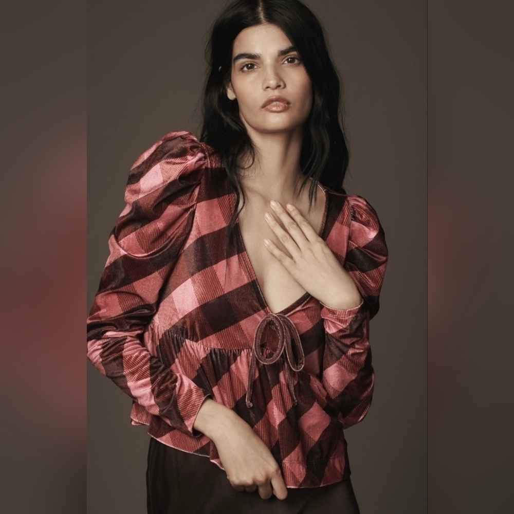 Anthropologie Maeve Velvet Babydoll Top Pink Burgundy Plaid, NWT
